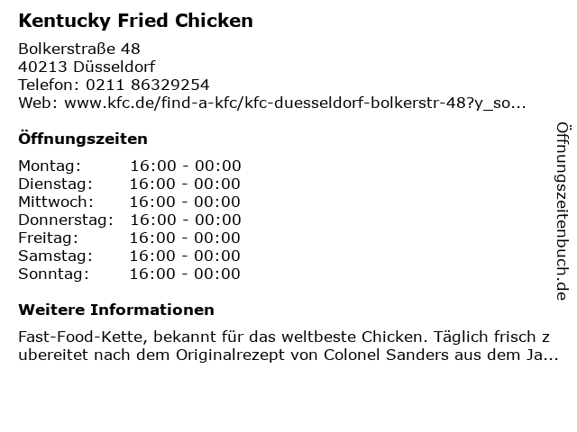 Kentucky Fried Chicken in Düsseldorf: Adresse und Öffnungszeiten
