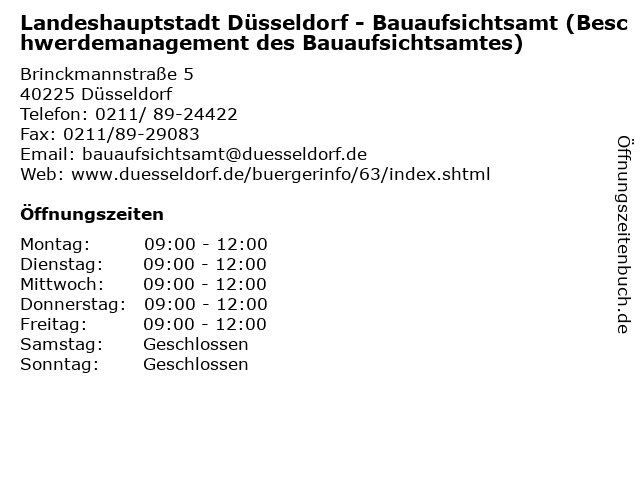 Landeshauptstadt Düsseldorf - Bauaufsichtsamt (Beschwerdemanagement des Bauaufsichtsamtes) in Düsseldorf: Adresse und Öffnungszeiten