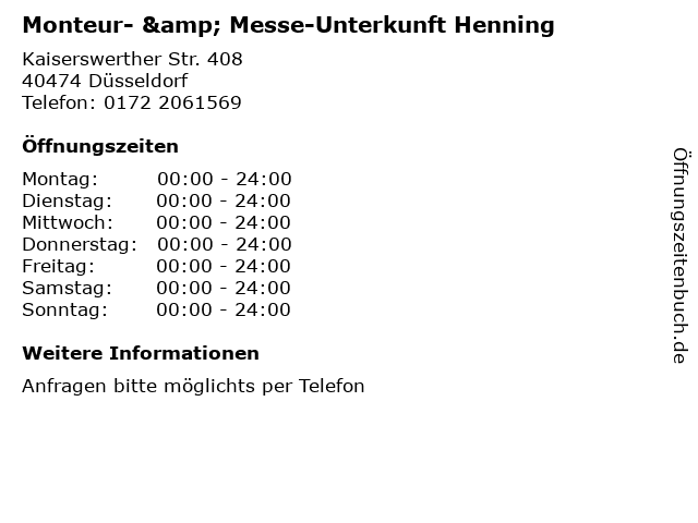 Monteur- & Messe-Unterkunft Henning in Düsseldorf: Adresse und Öffnungszeiten