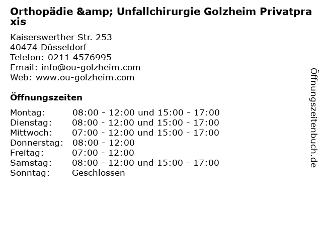 Orthopädie & Unfallchirurgie Golzheim Privatpraxis in Düsseldorf: Adresse und Öffnungszeiten