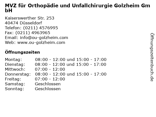 Orthopädie & Unfallchirurgie Golzheim in Düsseldorf: Adresse und Öffnungszeiten