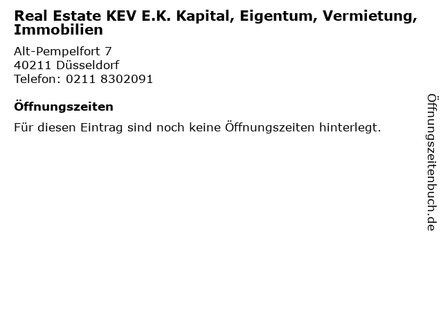 Real Estate KEV E.K. Kapital, Eigentum, Vermietung, Immobilien in Düsseldorf: Adresse und Öffnungszeiten