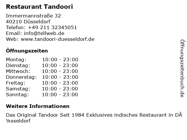 Restaurant Tandoori in Düsseldorf: Adresse und Öffnungszeiten