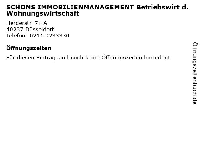 SCHONS IMMOBILIENMANAGEMENT Betriebswirt d. Wohnungswirtschaft in Düsseldorf: Adresse und Öffnungszeiten