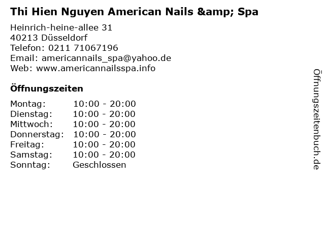 ᐅ Offnungszeiten Thi Hien Nguyen American Nails Spa Heinrich Heine Allee 31 In Dusseldorf