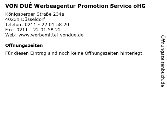 VON DUÉ Werbeagentur Promotion Service oHG in Düsseldorf: Adresse und Öffnungszeiten