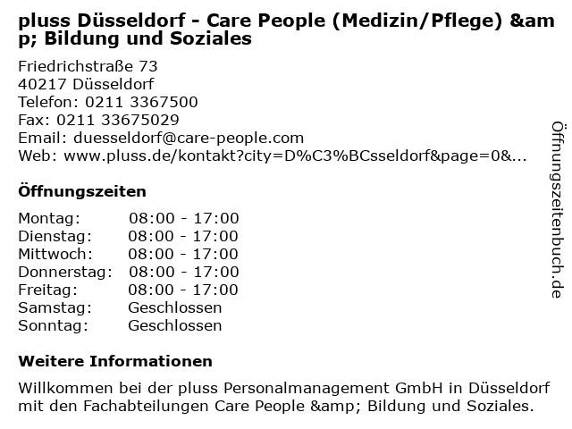pluss Düsseldorf - Care People (Medizin/Pflege) & Bildung und Soziales in Düsseldorf: Adresse und Öffnungszeiten
