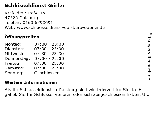 24h Schlüsseldienst Duisburg Gürler in Duisburg: Adresse und Öffnungszeiten