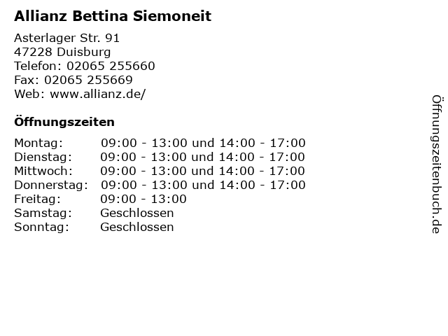 Allianz Bettina Siemoneit in Duisburg: Adresse und Öffnungszeiten