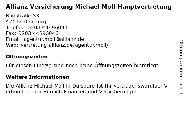 Allianz Versicherung Michael Moll Hauptvertretung in Duisburg: Adresse und Öffnungszeiten