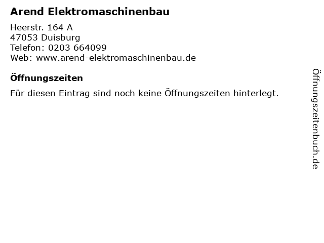 Arend Elektromaschinenbau in Duisburg: Adresse und Öffnungszeiten