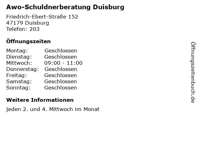 Awo-Schuldnerberatung Duisburg in Duisburg: Adresse und Öffnungszeiten