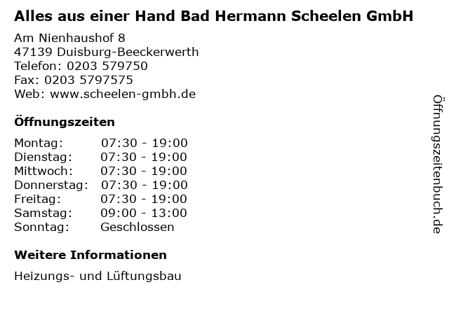 Alles aus einer Hand Bad Hermann Scheelen GmbH in Duisburg-Beeckerwerth: Adresse und Öffnungszeiten