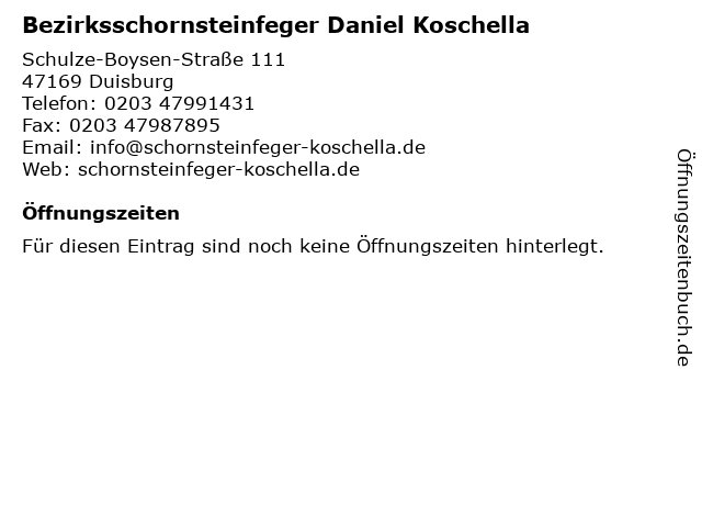 Bezirksschornsteinfeger Daniel Koschella in Duisburg: Adresse und Öffnungszeiten