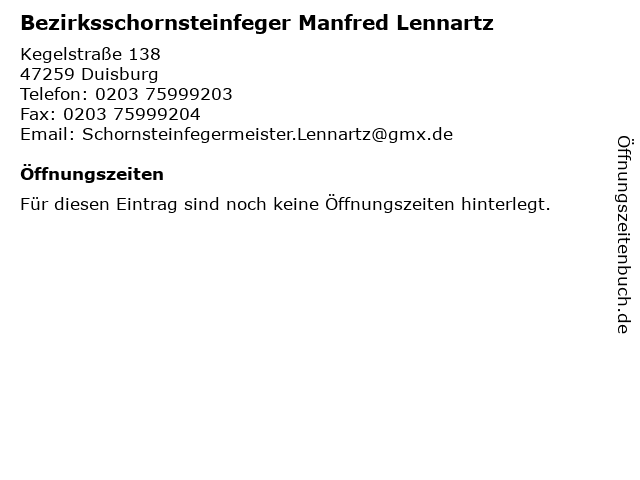Bezirksschornsteinfeger Manfred Lennartz in Duisburg: Adresse und Öffnungszeiten