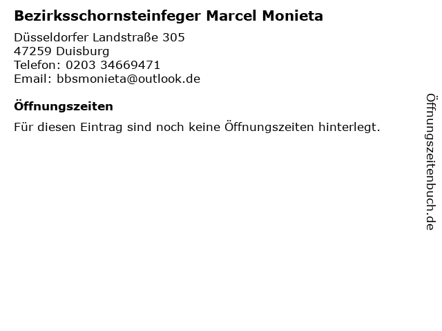 Bezirksschornsteinfeger Marcel Monieta in Duisburg: Adresse und Öffnungszeiten