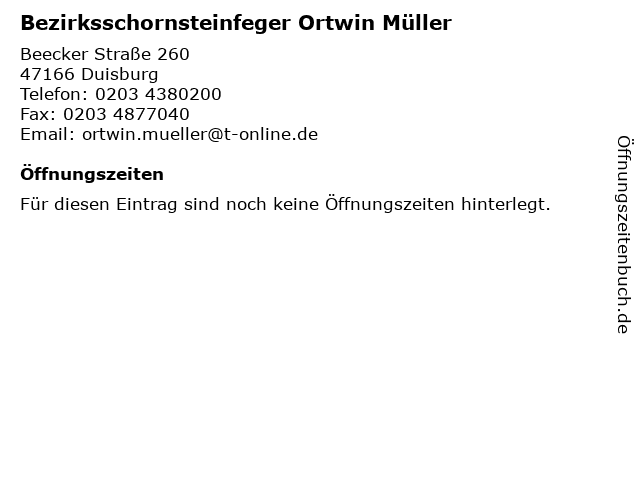 Bezirksschornsteinfeger Ortwin Müller in Duisburg: Adresse und Öffnungszeiten