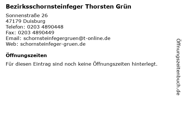 Bezirksschornsteinfeger Thorsten Grün in Duisburg: Adresse und Öffnungszeiten