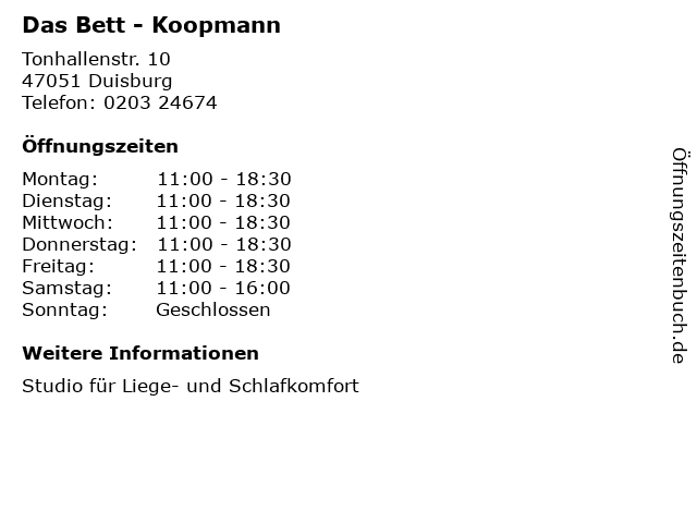 Das Bett - Koopmann in Duisburg: Adresse und Öffnungszeiten