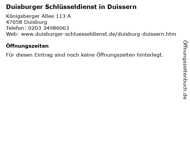 Duisburger Schlüsseldienst in Duissern in Duisburg: Adresse und Öffnungszeiten
