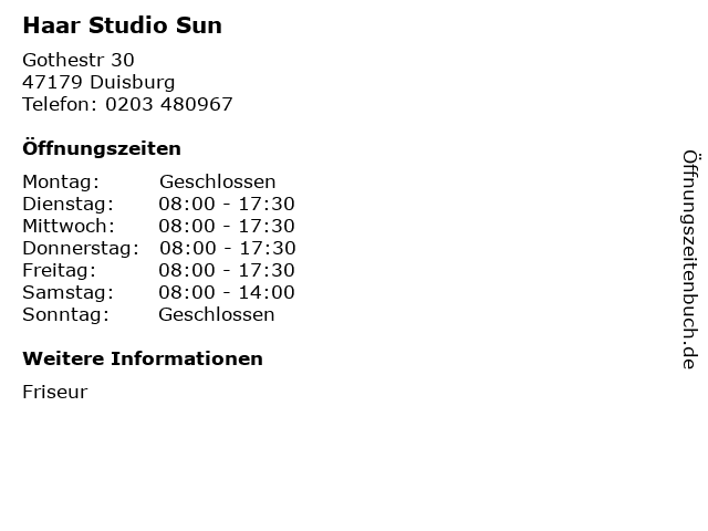 Haar Studio Sun in Duisburg: Adresse und Öffnungszeiten