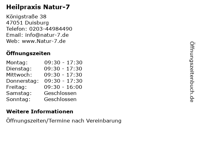 Heilpraxis Natur-7 in Duisburg: Adresse und Öffnungszeiten