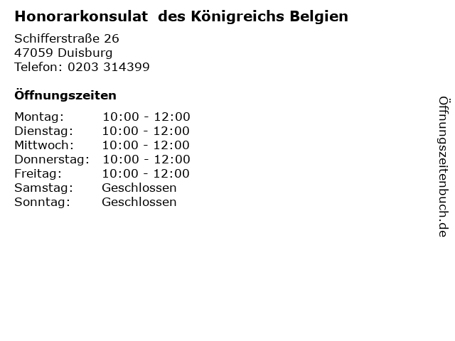 Honorarkonsulat  des Königreichs Belgien in Duisburg: Adresse und Öffnungszeiten