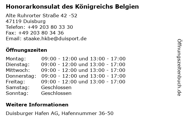 Honorarkonsulat des Königreichs Belgien in Duisburg: Adresse und Öffnungszeiten