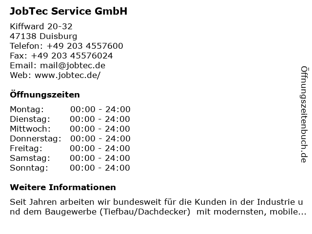 JobTec Service GmbH in Duisburg: Adresse und Öffnungszeiten