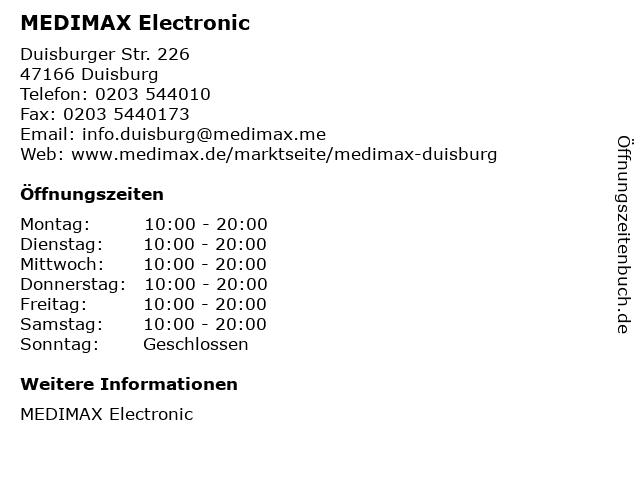 MEDIMAX Electronic in Duisburg: Adresse und Öffnungszeiten