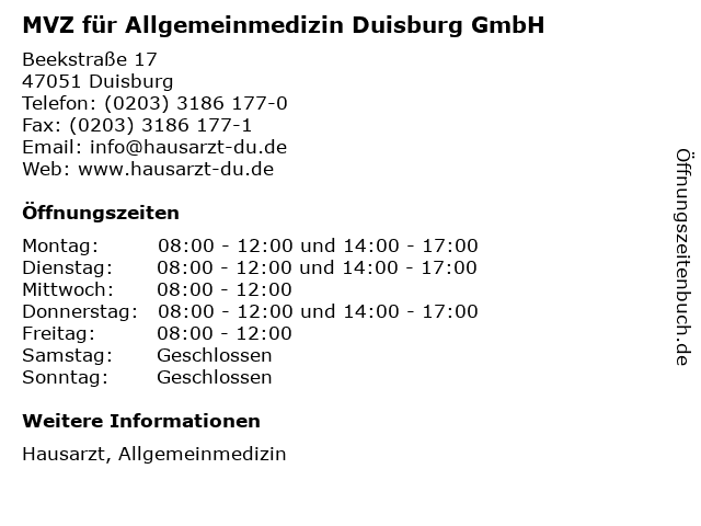 MVZ für Allgemeinmedizin Duisburg GmbH in Duisburg: Adresse und Öffnungszeiten