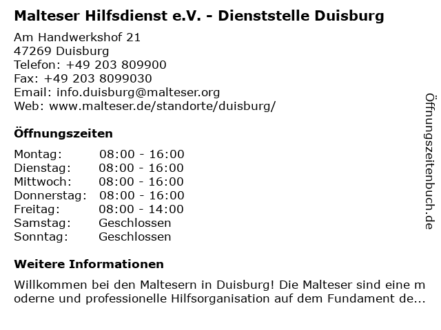 ᐅ Offnungszeiten Malteser Stadtgeschaeftsstelle Albert Hahn Strasse 9 In Duisburg