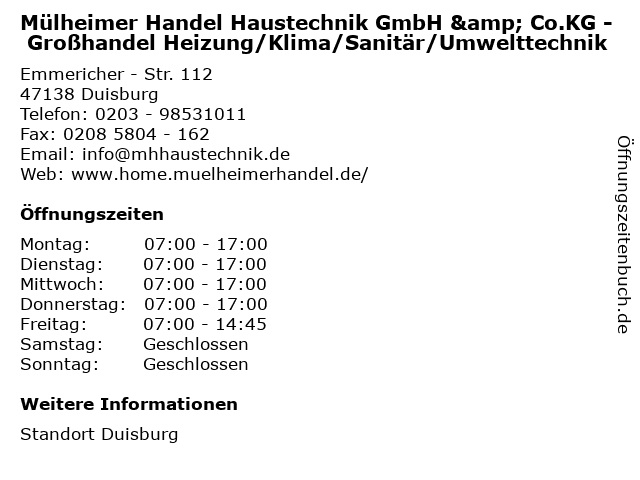 Mülheimer Handel Haustechnik GmbH & Co.KG - Großhandel Heizung/Klima/Sanitär/Umwelttechnik in Duisburg: Adresse und Öffnungszeiten