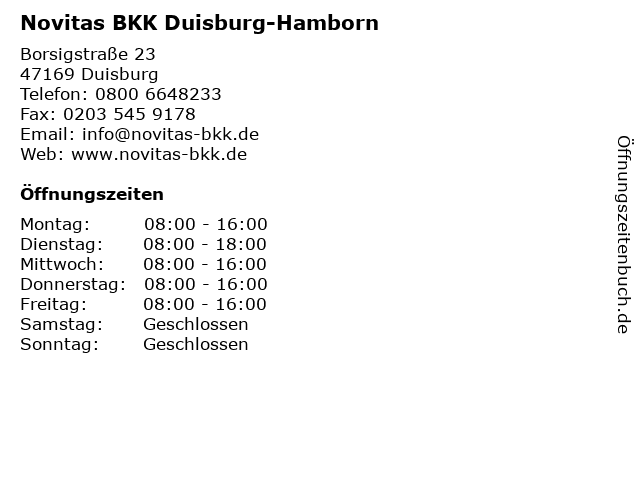 Novitas BKK Duisburg-Hamborn in Duisburg: Adresse und Öffnungszeiten