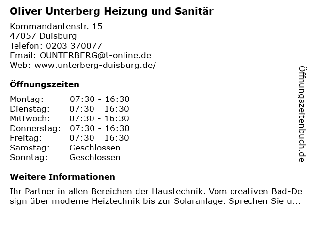 Oliver Unterberg Heizung und Sanitär in Duisburg: Adresse und Öffnungszeiten