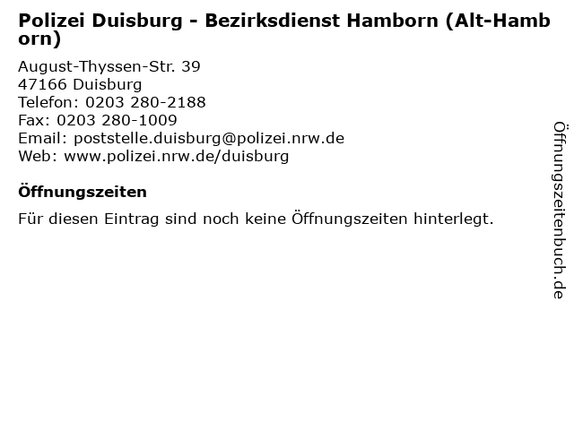Polizei Duisburg - Bezirksdienst Hamborn (Alt-Hamborn) in Duisburg: Adresse und Öffnungszeiten