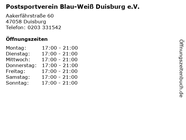 Postsportverein Blau-Weiß Duisburg e.V. in Duisburg: Adresse und Öffnungszeiten