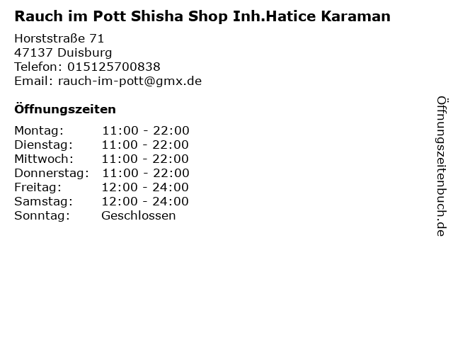 Rauch im Pott Shisha Shop Inh.Hatice Karaman in Duisburg: Adresse und Öffnungszeiten