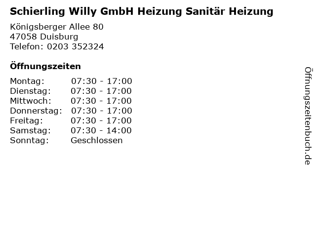 Schierling Willy GmbH Heizung Sanitär Heizung in Duisburg: Adresse und Öffnungszeiten