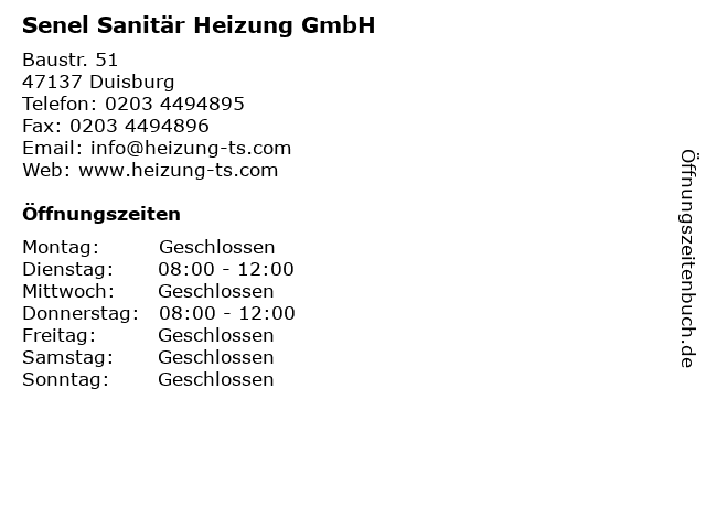 Senel Sanitär Heizung GmbH in Duisburg: Adresse und Öffnungszeiten