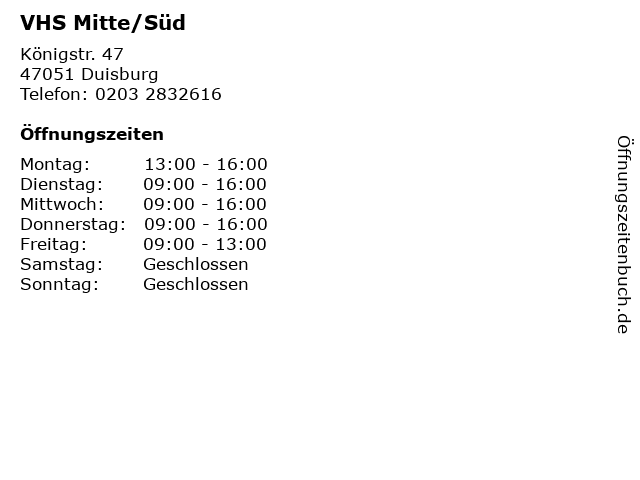 VHS Mitte/Süd in Duisburg: Adresse und Öffnungszeiten