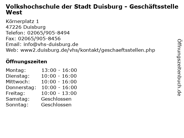 Volkshochschule der Stadt Duisburg - Geschäftsstelle West in Duisburg: Adresse und Öffnungszeiten