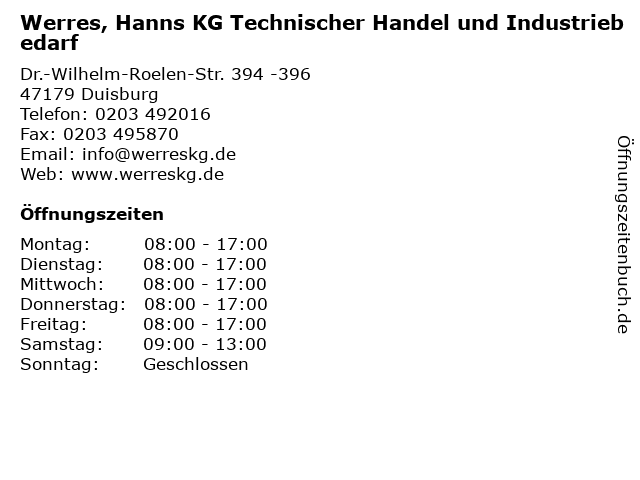 Werres, Hanns KG Technischer Handel und Industriebedarf in Duisburg: Adresse und Öffnungszeiten