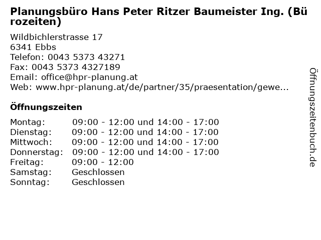 Planungsbüro Hans Peter Ritzer Baumeister Ing. (Bürozeiten) in Ebbs: Adresse und Öffnungszeiten