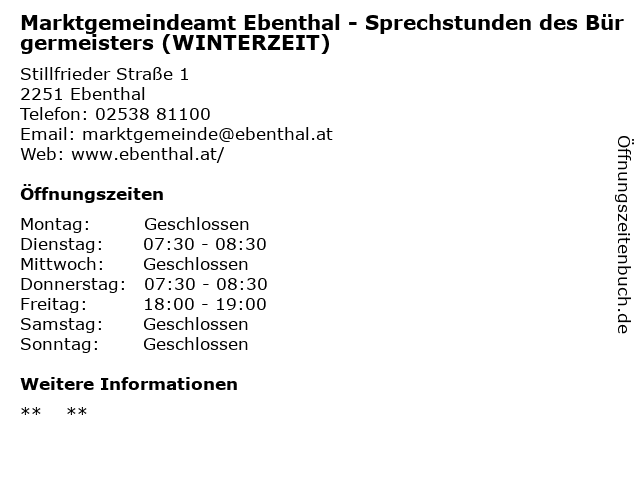 Marktgemeindeamt Ebenthal - Sprechstunden des Bürgermeisters (WINTERZEIT) in Ebenthal: Adresse und Öffnungszeiten