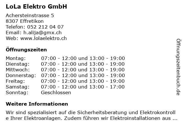 Lola Elektro GmbH in Effretikon: Adresse und Öffnungszeiten