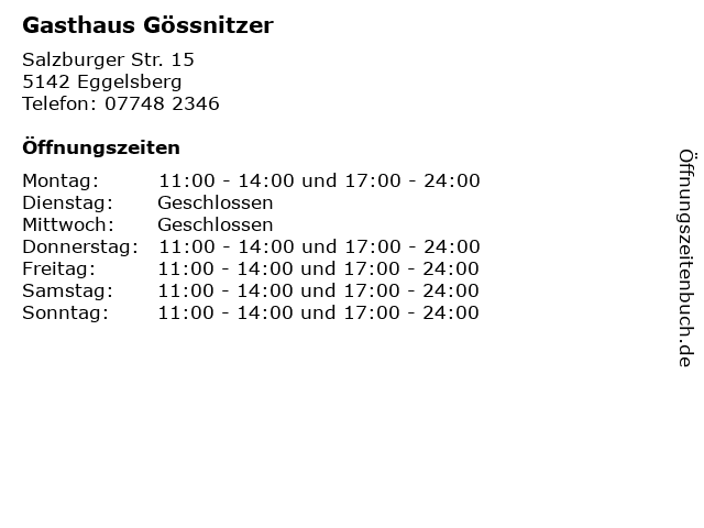 Gasthaus Gössnitzer in Eggelsberg: Adresse und Öffnungszeiten