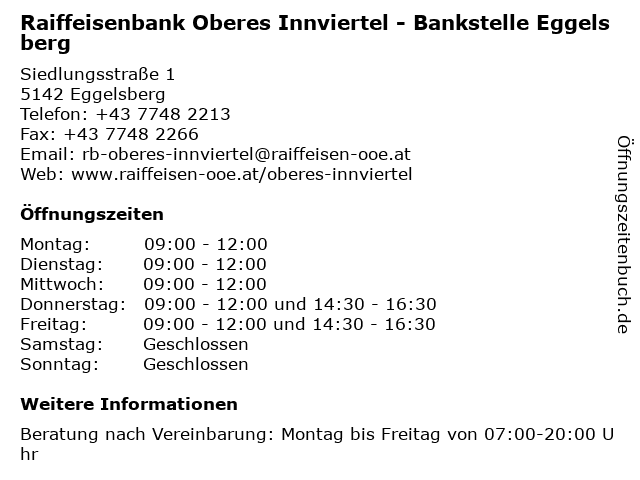 Raiffeisenbank Oberes Innviertel - Bankstelle Eggelsberg in Eggelsberg: Adresse und Öffnungszeiten