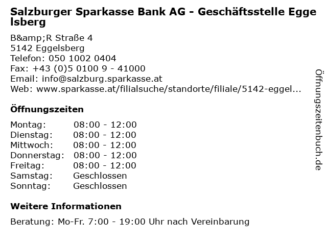 Salzburger Sparkasse Bank AG - Geschäftsstelle Eggelsberg in Eggelsberg: Adresse und Öffnungszeiten