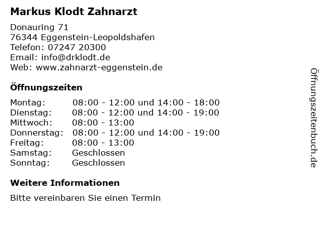 Markus Klodt Zahnarzt in Eggenstein-Leopoldshafen: Adresse und Öffnungszeiten